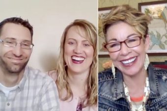 split screen of carol talking with a husband and wife couple