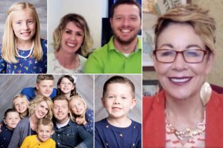 collage of blended family next to Carol on screen