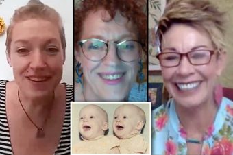 Twins talking to Carol with a picture of them as a baby on the bottom