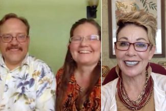 Split screen of Carol with two guests
