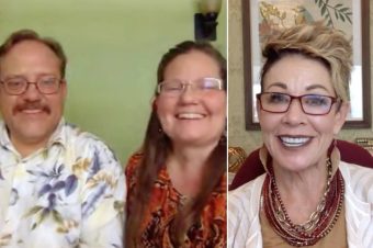 Split screen of Carol with two guests